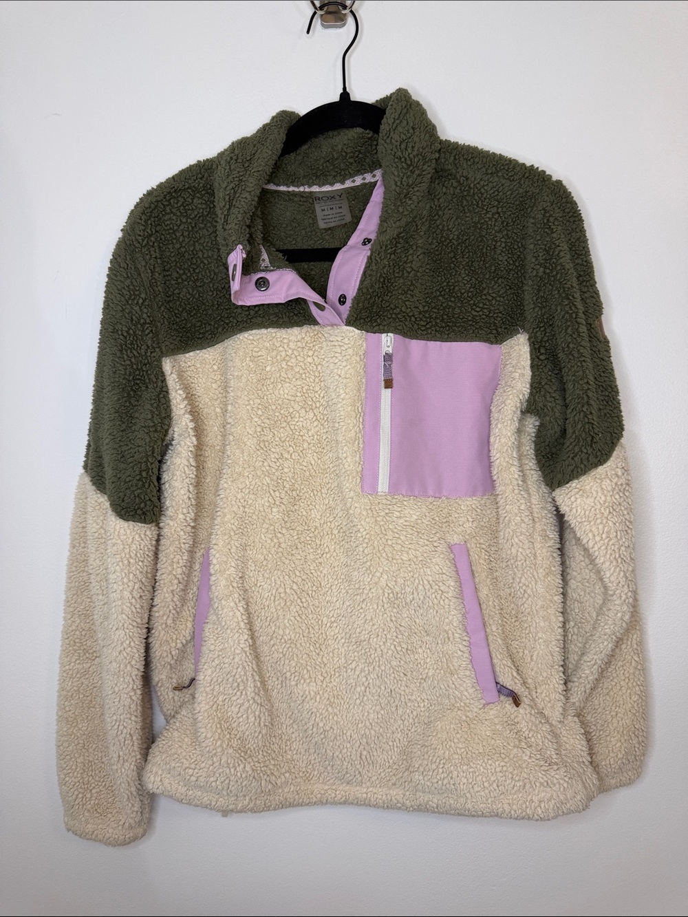 Roxy Alabama Sherpa Olive Cream Lavender Sherpa Pullover Quarterzip Jacket Med